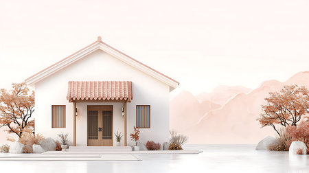 3D rendering of Japanese style house with beautiful autumn landscape background.の写真素材