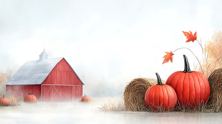 Halloween background with pumpkins and red barn. 3D renderingの写真素材