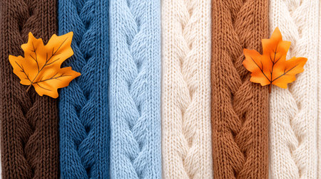 Autumn background. Knitted pattern with leaves on a white background.