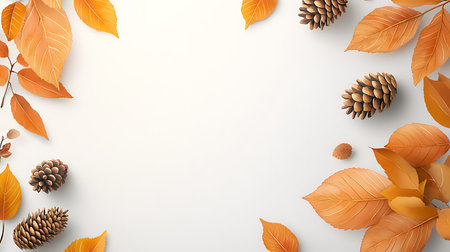 Autumn background with falling leaves and pine cones. Vector illustration.の写真素材