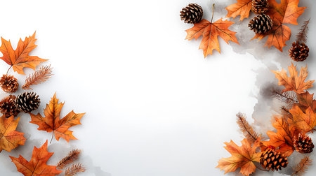 Autumn background with leaves and pine cones on a white background.
