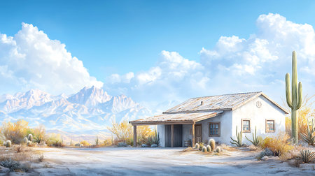 Desert landscape with cactus and old house. 3d renderingの写真素材