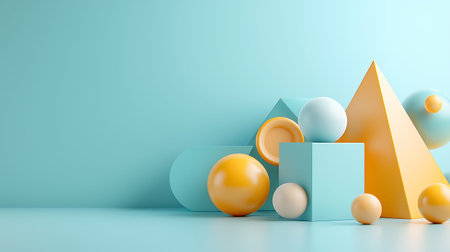 3d rendering of minimal geometric forms. Glossy abstract background in blue color.