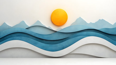 3d illustration of abstract background with blue and white waves and sun