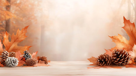 Autumn leaves and pine cones on wooden background. 3d render