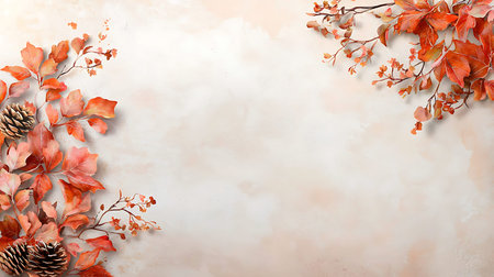 Autumn background with leaves, branches and cones. Vector illustration.