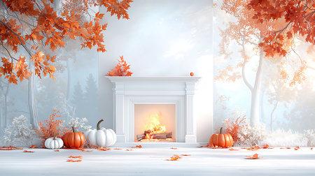 3D render of a beautiful autumn landscape with a fireplace and pumpkinsの写真素材