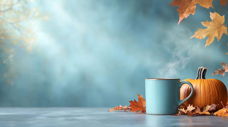 Autumn composition with cup of hot drink and leaves on blue background