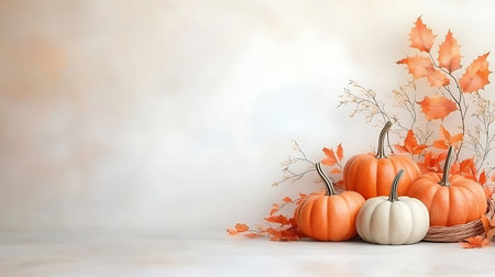 3d render of pumpkins and autumn leaves on a white background