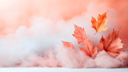 Autumn leaves on a foggy background with copy space for your text
