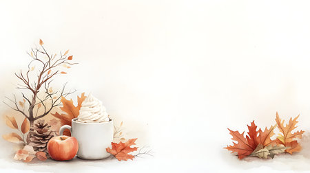 Cup of coffee with whipped cream and autumn leaves on a white background