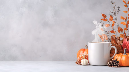 Autumn composition with cup of coffee, pumpkins and leaves on grey background