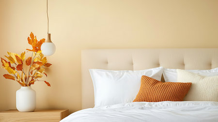 Interior of modern bedroom with white bed and autumn leaves in vaseの写真素材