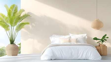3d render of modern bedroom with white walls, concrete floor, comfortable king size bed with white pillows and plants.の写真素材