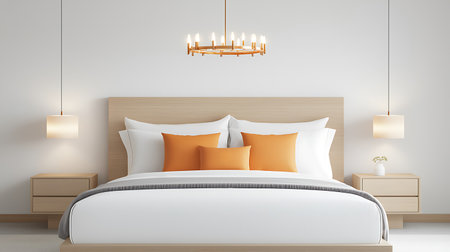 Interior of modern bedroom with white walls, wooden floor, comfortable king size bed and orange pillows. 3d renderingの写真素材