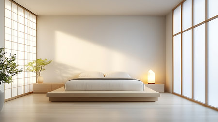 Interior of modern bedroom with white walls, wooden floor, comfortable king size bed and window with blurry cityscape. 3d renderingの写真素材
