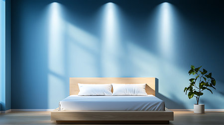 Interior of modern bedroom with blue wall and wooden bed. 3d renderingの写真素材