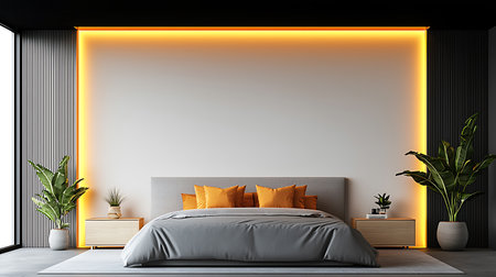 Interior of modern bedroom with white walls, concrete floor, master bed with orange cushions and green plants. 3d renderingの写真素材