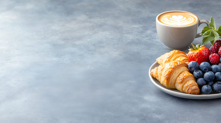 Cup of coffee with croissants and fresh berries on a blue background