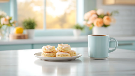 Cup of coffee and macaroons on table in modern kitchenの写真素材