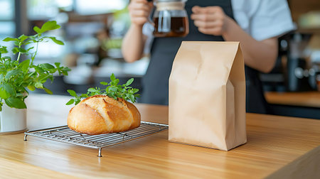 Bread in paper bag and coffee cup on wooden table in cafe