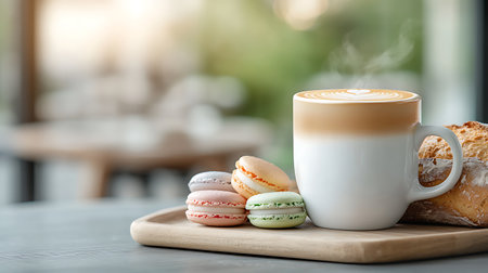 Coffee cup and macaroons on wooden table in cafeの写真素材