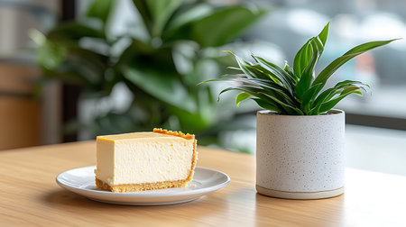 Cream cheese cake on wooden table in coffee shop, stock photoの写真素材