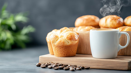 Coffee cup and muffins with coffee beans on black backgroundの写真素材