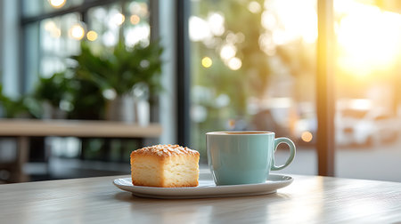 Coffee cup and cake on wooden table in coffee shop.の写真素材