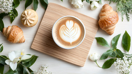 Cup of coffee with croissants and flowers on wooden table