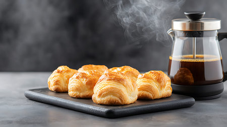 Freshly baked croissants with coffee maker on a black board