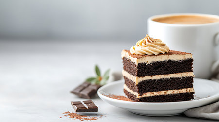 Chocolate cake with cream and cup of coffee on a light background