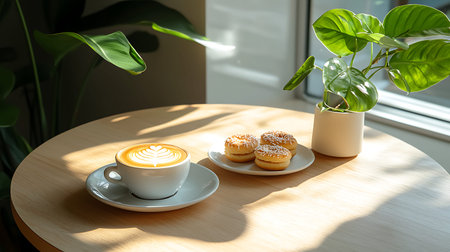 Cup of coffee and macaroons on wooden table in cafe