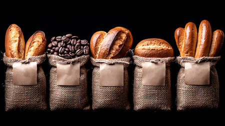 Coffee beans and bread in burlap bags on black backgroundの写真素材