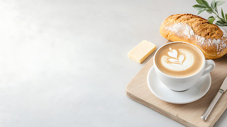 Coffee cup with bread and butter on white table background.