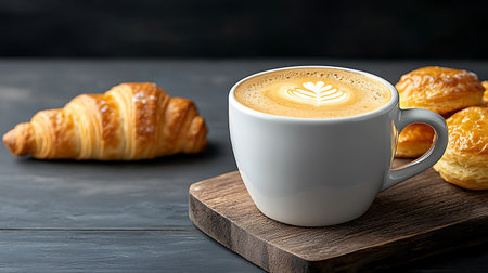 Cup of coffee and croissants on black wooden table, closeupの写真素材