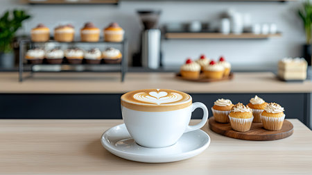 Cup of coffee with heart shape on cupcake on wooden tableの写真素材