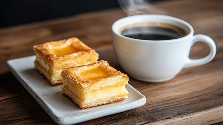 A cup of coffee and puff pastry on wooden table, selective focus