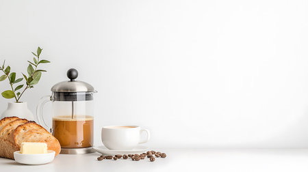 Coffee with croissant and coffee pot on white backgroundの写真素材