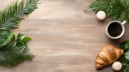 Coffee, croissants and green leaves on wooden background
