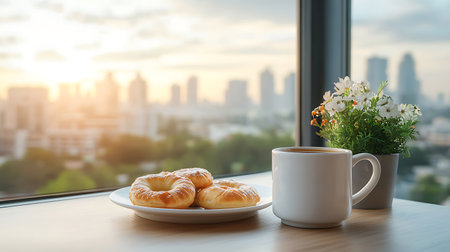 Coffee and donuts on the windowsill in the morningの写真素材