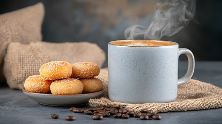Coffee cup and donuts with coffee beans on dark backgroundの写真素材