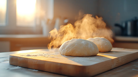 Bread dough on a cutting board in the kitchen at sunset.