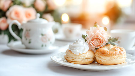Cream puff with roses on a white table. Selective focus.の写真素材