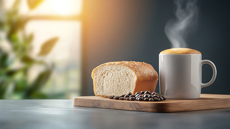 Coffee cup and bread on wooden board. 3D rendering