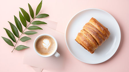 Cup of coffee with croissant on pastel pink backgroundの写真素材