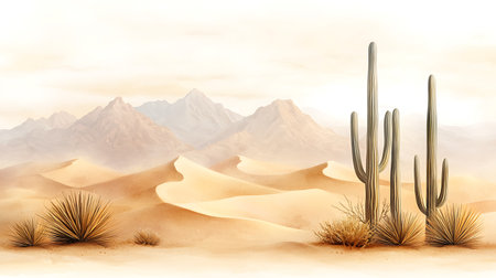 Desert landscape with cactuses and mountains. 3d renderingの写真素材