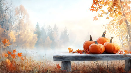 Autumn background with pumpkins and fall leaves. 3d illustrationの写真素材