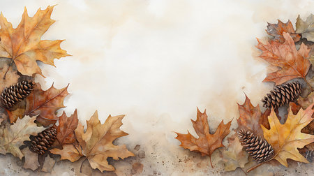 Autumn background with dry oak leaves and pine cones. Watercolor illustration.の写真素材