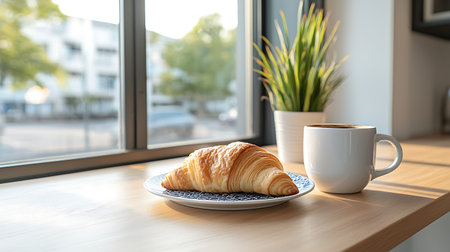 Cup of coffee and croissant on wooden table near windowの写真素材